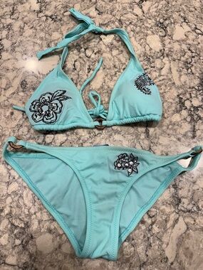 Aqua Blue Embroidered Bikini Set
